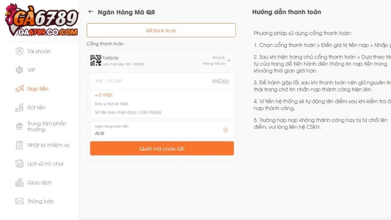 Cách nạp tiền GA6789 qua ngân hàng Mã QR