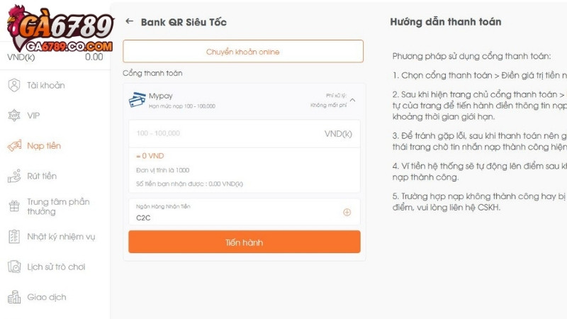 Hướng dẫn nạp tiền GA6789 bằng QR Banking